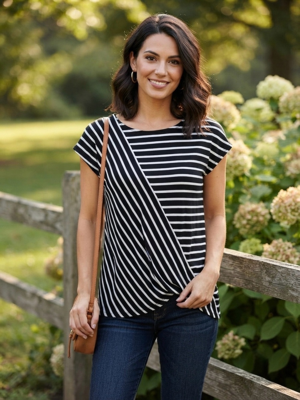White House Black Market Black and White Striped Short Sleeve Tee